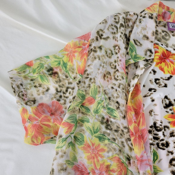 Premier Womens Shirt Large Top Floral Short Sleeve‎ Button Down Lined Sheer - Picture 4 of 11